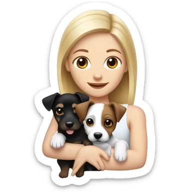Blonde woman holding a black brown and white jack russell terrier puppy sticker