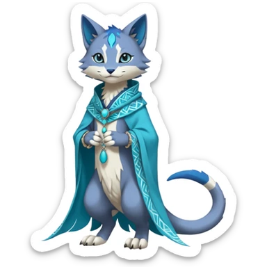 Kawaii cute Indigo Turquoise Grey beautiful pretty elegant divine edgy feline-vernid-sergal-Fakémon-Pokémon-Digimon-fursona-animal-creature, full body, with intricate detailed markings, silken shawl, decorative anklets sticker