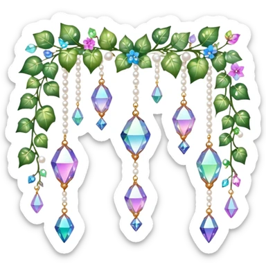 Exotic romantic Few cute tiny Iridescent glistening glossy sparkly shiny glittery hanging crystals pearls and beads and gemstones scenery scenic decorations with ivy and flowers sticker