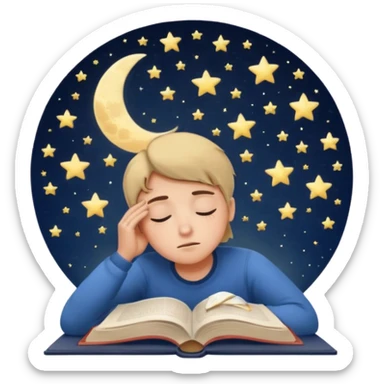 a tired person infront of a book learning with moon and stars behind sticker