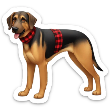 adult 75% Coonhound 25% German Shepherd mix dog with visible tail wearing small pointed red buffalo plaid bandana full body walking left quickly sticker