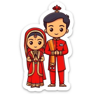 Indian bride and groom on their wedding day, bride in decorative red wedding outfit with gold details, groom in elegant sherwani, both fair-skinned, groom has no facial hair sticker