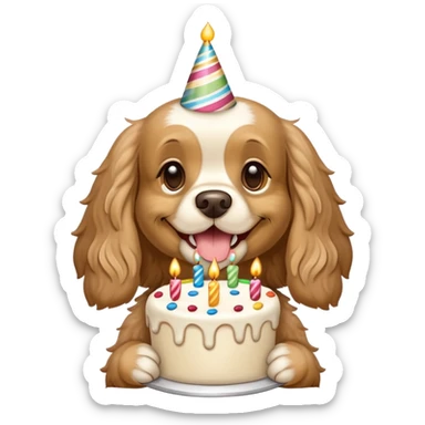Wheat-colored  cocker spaniel holding a birthday cake sticker