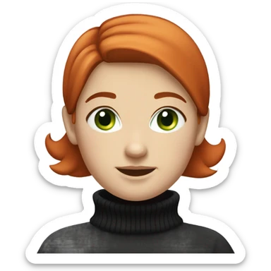 smiling red short haired chubby female with green eyes dressed in white turtleneck and black sweater sticker