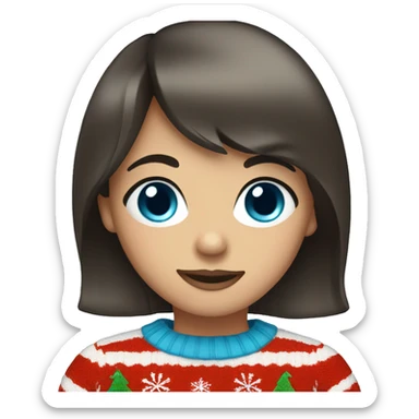 A girl with bangs of dark brown hair and blue eyes in a Christmas sweater sticker