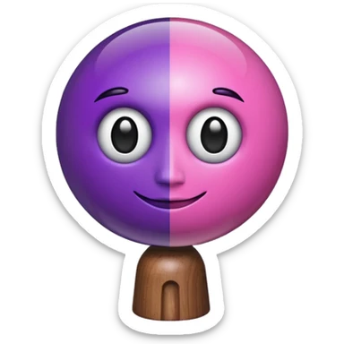 A half pink half purple ball with a face wooden stem followed by a glass stem on top sticker