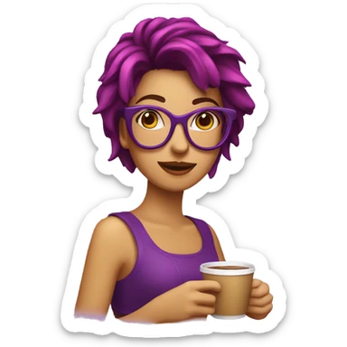 Chica con pelo canoso y gafas moradas Tomando café  sticker
