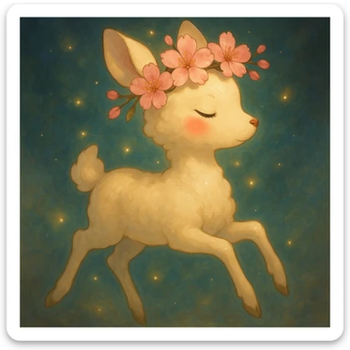 Enhance this feminine adult vanilla cloud doe with rosy cheeks and cherry flowers, floating gracefully in a dreamy Ghibli style. Make the colors richer, the lines softer, and the cherry flowers more detailed. Add a magical glow and elegant highlights, keeping the look whimsical, refined, and enchanting. sticker