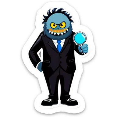 Gray monster wearing suit holding magnifying glass sticker