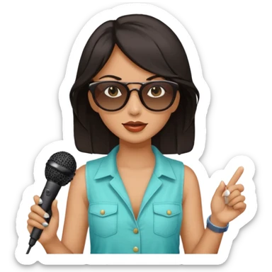 dark long haired woman with summer clothes and sun glasses holding microphone sticker