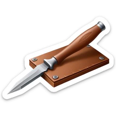 Leatherworking icon, piece of raw leather with started engraving, engraving tool or chisel, stamp or press, textured surface, minimalistic style, clean lines, transparent background. sticker