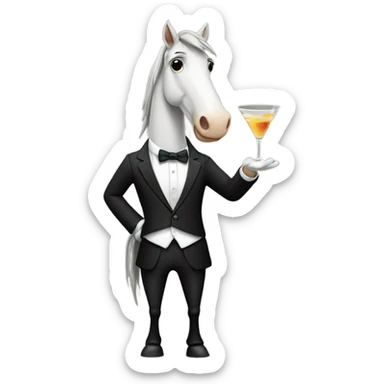 Horse wearing a suit and tie with a martini sticker