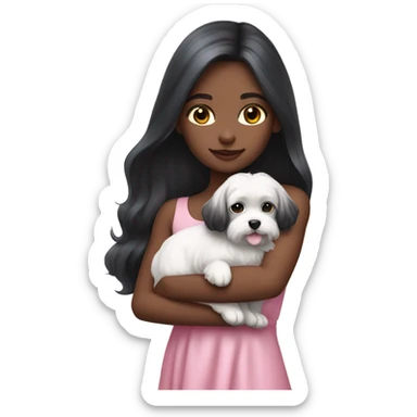 Black long hair blue eyes girl with maltese puppy with pink dress sticker