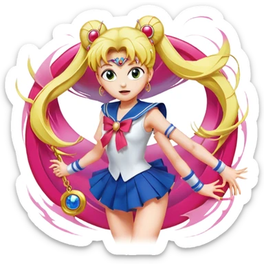 Icon for Anime: vibrant, dynamic scene with characters of Bishoujo Senshi Sailor Moon in action, featuring exaggerated expressions and colorful backgrounds. The design should reflect the distinct, energetic style of anime, with iconic eyes and unique visual elements. Transparent background. sticker