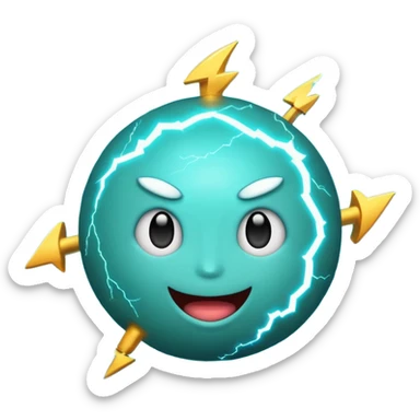 Uranus emoji in Apple style, blue-green planet with rings, big excited playful face taking up most of the planet, surrounded by bold lightning bolts, radiating chaotic electric energy sticker