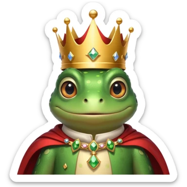 frog king portrait, head and shoulders only, small jeweled crown, royal cape collar, wise friendly eyes, fairy-tale vibe, 3D cartoon, mobile game icon style, clean background, no text, no watermark
 sticker