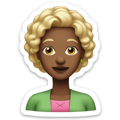 Older black woman with short golden blonde wearing pink and green hair sticker