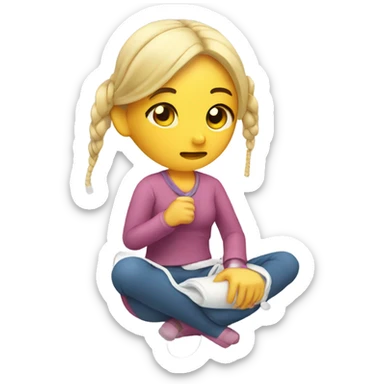 girl in pain holding heating pad with cord sticker