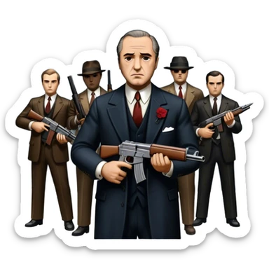 Vintage noir poster with Don Corleone surrounded by gangsters holding Thompson submachine guns. Background features New York skyscrapers, adding to the gritty, classic gangster film feel.  Dark and moody atmosphere with shadows, suits, and a mysterious vibe. Transparent background. sticker