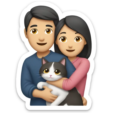 asian couple hugging with a cat sticker