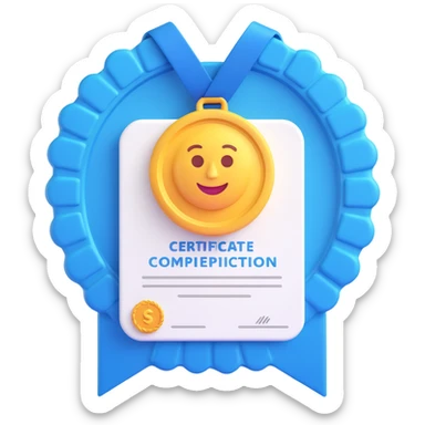 certificate of completion with a blue medal sticker, iPhone style 3D emoji sticker