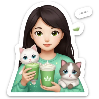 asian girl with shoart dark brown hair with a soft girl glowup aesthetic. matcha latte sparkles girly things, 2 ragdoll cats, skincare, makeup sticker