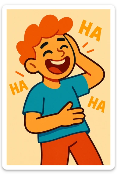 a person laughing at themselves, cheerful expression, casual pose, vibrant colors, cartoon style sticker