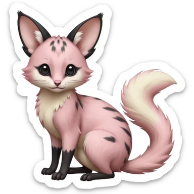 Pastel Pink, black-pointed, soft natural realistic romantic vintage antique divine beautiful elegant pretty precious cute young youthful  Fakémon-Pokémon-opossum-feline-mouse-serval-caracal-chinchilla-Minccino-Cinccino-Meowstic-rodent-hybrid-creature with a big fluffy bushy tail (full body) sticker