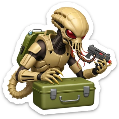 The Predator, as in the 1987 movie, with full armor, shoulder laser gun and mask eating an Alien facehugger from a lunchbox, the setting should be dark and sci-fi. sticker