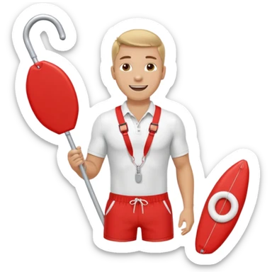 Male lifeguard – red shorts, whistle around neck, holding rescue float. sticker