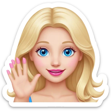 A beautiful blonde girl with long hair, blue eyes, pink lips and a sweet smile  arm hello sticker