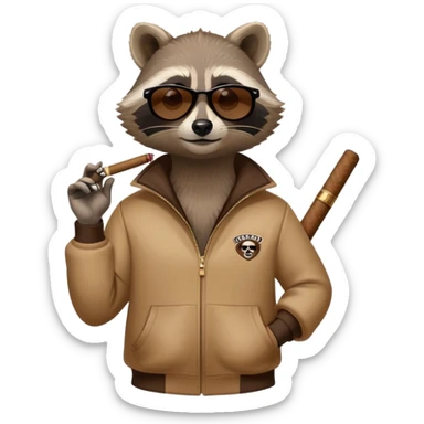friendly anthropomorphised raccoon in a Sopranos-style mafia tracksuit, wearing dark sunglasses, holding a cigar, relaxed pose sticker