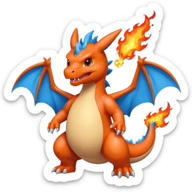 cute minimalistic charizard pokemon throwhing flames 2 horns, blue wings only on the inside part sticker