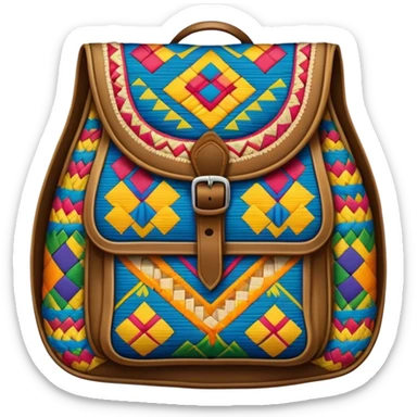 Cinematic Realistic image of a traditional Colombian mochila, rendered with detailed woven textures and vibrant patterns, set against a rustic backdrop with soft, cultural lighting sticker