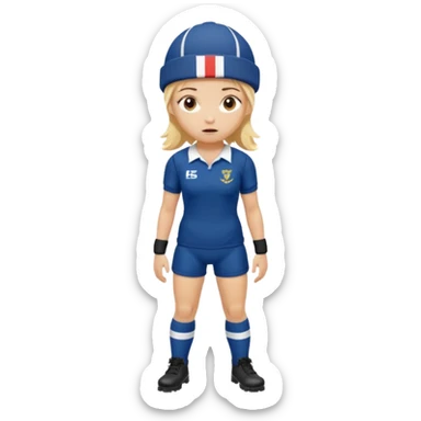 chica rubia con cara de miedo vestida con equipación de rugby y una casqueta en la cabeza metida en unas botas de presoterapia sticker