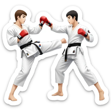 Two taekwondo fighters in traditional white doboks with black belts compete in a dynamic match. One executes a high spinning kick, while the other blocks skillfully. The background features a professional arena with bright lights and spectators. Transparent background. sticker