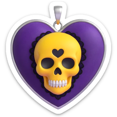 3D emoji gothic heart, deep violet velvet texture, silver skull charm, black lace trim sticker