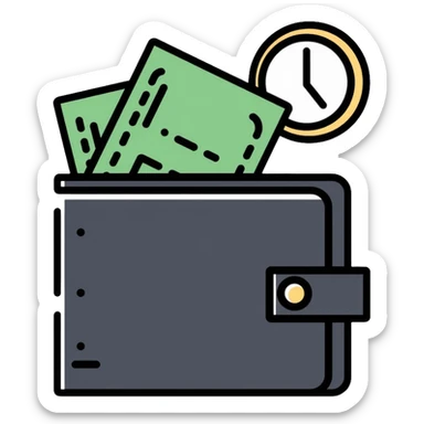 black wallet with dollars inside and a small clock in top right corner positioned above the wallet sticker