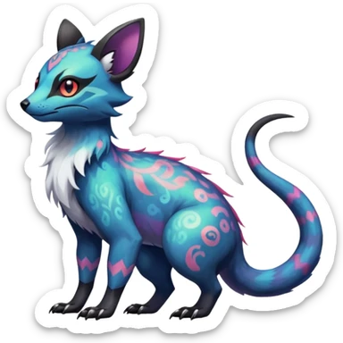 Rare iridescent white exotic epic aesthetic colorful Salandit-Eevee-Civet-species-Fakemon-hybrid-creature, with intricate tattoo markings, full body sticker