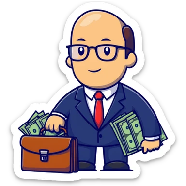 businessman in suit and glasses with an open briefcase full of dollar bills sticker