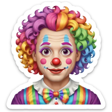 Middle-age man with Curly rainbow hair of clown — soft pastel curls tied high sticker