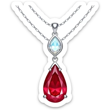 teardrop ruby pendant with silver chain, white stones, and glowing aura of passion sticker