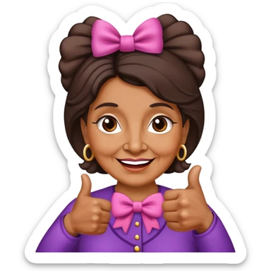 old Latina lady wearing a bow with a  thumb up  sticker