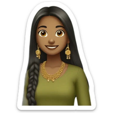 A brown girl in her teens taking a mirror selfie in an olive green kurta and wearing a gold chain and long black straight hair with a half up half down hairstyle  sticker