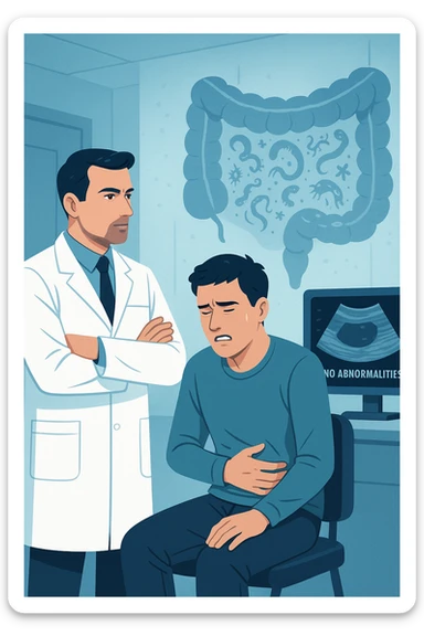 Medico in camice bianco in uno studio moderno, mentre osserva una TAC o ecografia su uno schermo con espressione convinta. Accanto a lui, un paziente seduto che lamenta dolori intestinali. Sullo sfondo, un’immagine traslucida dell’intestino pieno di piccoli parassiti stilizzati (vermi, protozoi), non visibili nel monitor medico. Il monitor mostra 'nessuna anomalia', ma dietro c’è la realtà invisibile. Atmosfera clinica ma con contrasto simbolico tra 'ciò che si vede' e 'ciò che sfugge'. Colori freddi, luce ospedaliera sticker