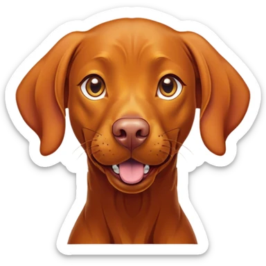 Cinematic Comical Vizsla Portrait Emoji, Head tilted dramatically with an exaggeratedly amused expression, featuring a striking rust and gold Fur with bold accents, wide, expressive amber eyes filled with playful disbelief, Simplified yet hilariously expressive features, highly detailed, glowing with a slightly sassy glow, high shine, dramatic yet playful, stylized with an air of cheeky mischief, bright and endearing, soft glowing outline, capturing the essence of a spirited and over-the-top companion, so meme-worthy it feels like it could side-eye its way into internet fame instantly! sticker