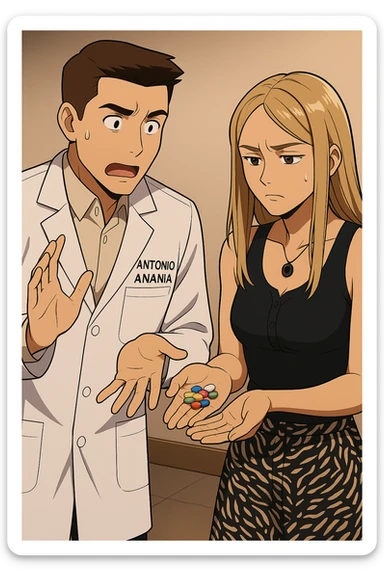 fai un webtoon/manga a colori con questo kinesiologo in camice bianco (fagli la scritta "ANTONIO ANANIA" SUL CAMICE) CHE PARLA CON QUESTA RAGAZZA. LA RAGAZZA HA UN PUGNO DI INTEGRATORI IN MANO (TANTE PILLOLE DIVERSE) E LE GUARDA DUBBIOSA. IL KINESIOLOGO CON IL CAMICE BIANCO LE DOMANDA UNA COSA SCIOCCATO. NON FARE I FUMETTI, FAI SOLO LORO COME SE DIALOGASSERO sticker