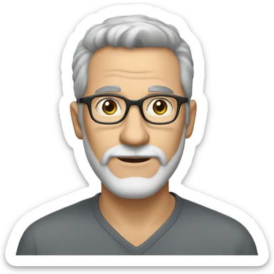 A thin handsome man in his 50s with graying short hair and a gray beard wearing brown, acetate framed eyeglasses he has greenish hazel eyes eyes sticker