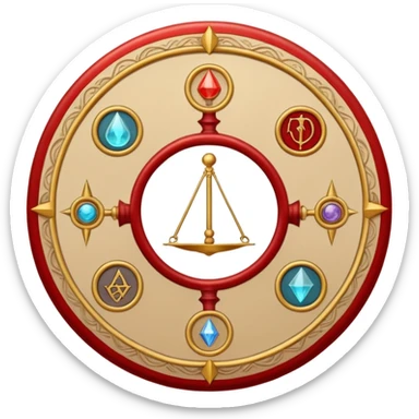 A circular casting sigil inspired by the Wizard101 Balance School, featuring ancient alchemical and arcane motifs. The base color is sand, with red trim accents. At the center is a golden balance scale as the primary focal symbol. sticker