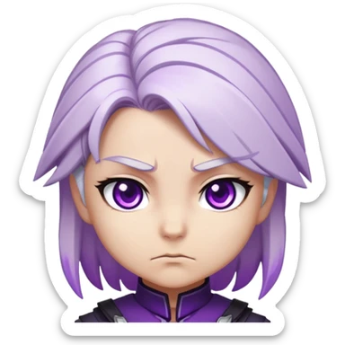 Chibi Sable Ward with intense focus expression, slightly furrowed brows, concentrated stare, white hair with purple streaks, fully purple eyes, determined look sticker